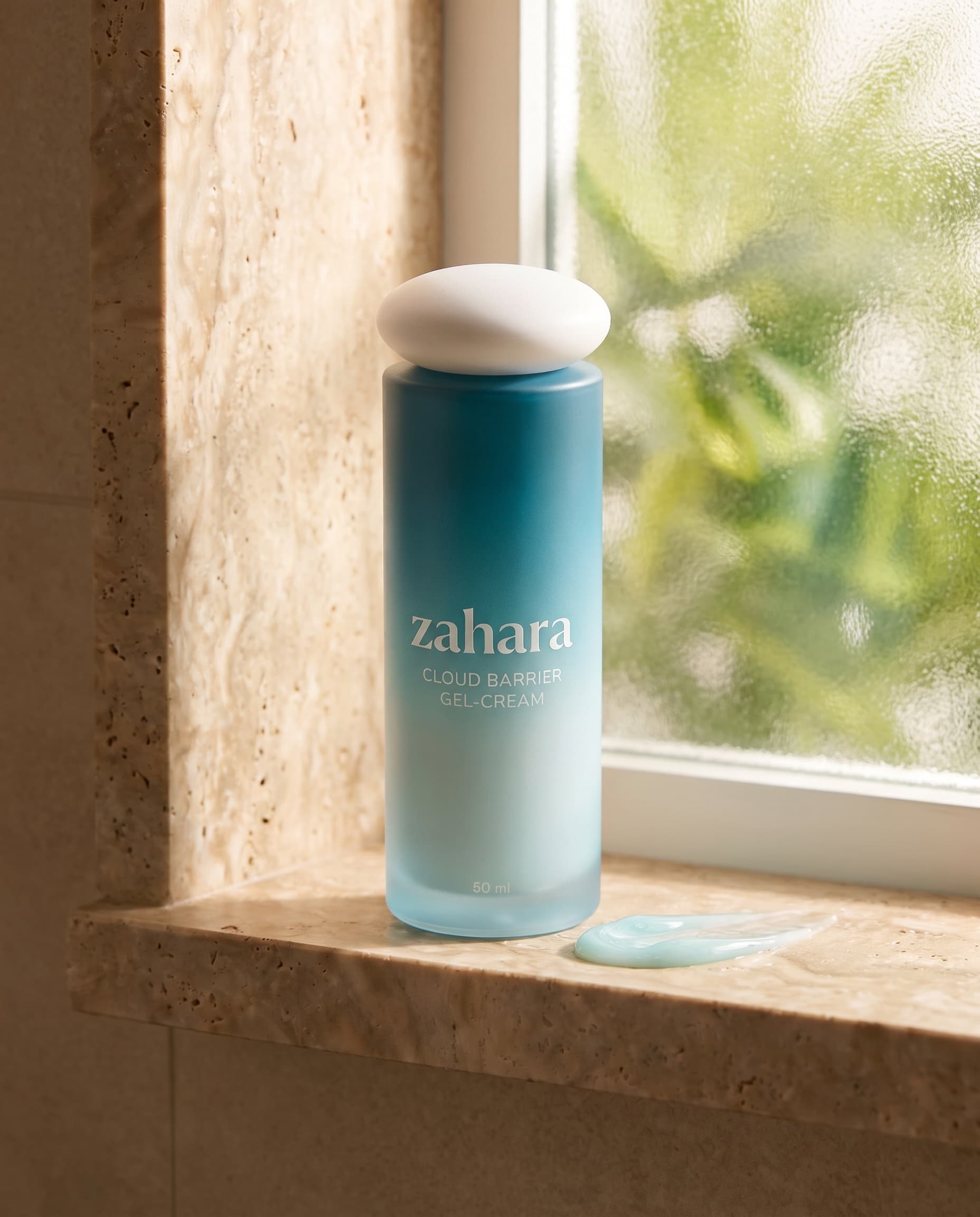 Zahara Cloud Barrier Gel-Cream in its aqua gradient bottle on a sunlit stone ledge beside tropical foliage.