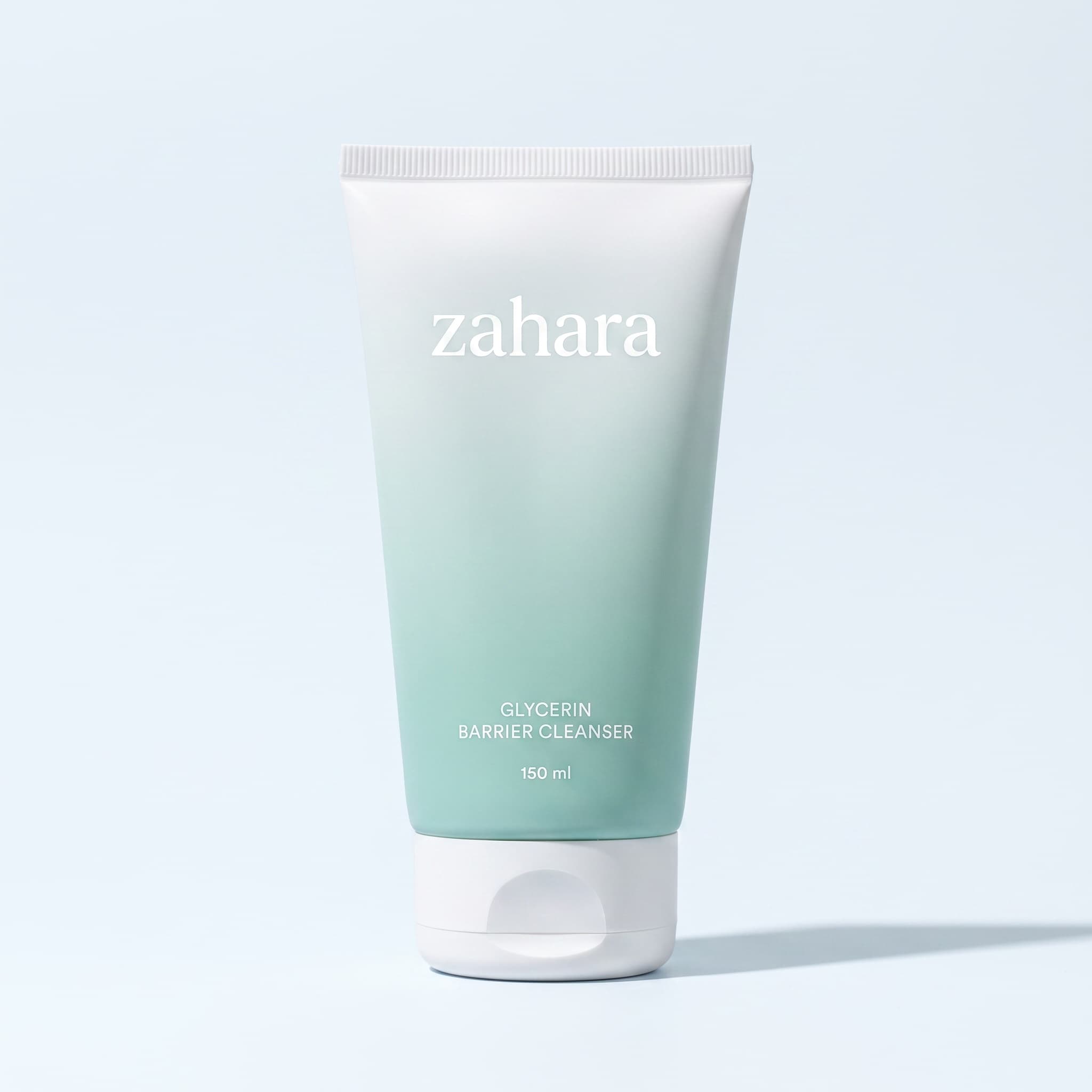 Zahara Glycerin Barrier Cleanser packshot: porcelain-to-seafoam gradient tube.